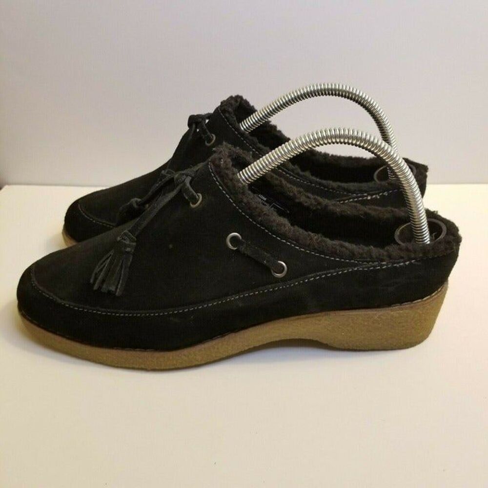 Lands End Womens Size 9 (B) Black Slip On Clog Sueded Sherpa Lined Shoes 432806